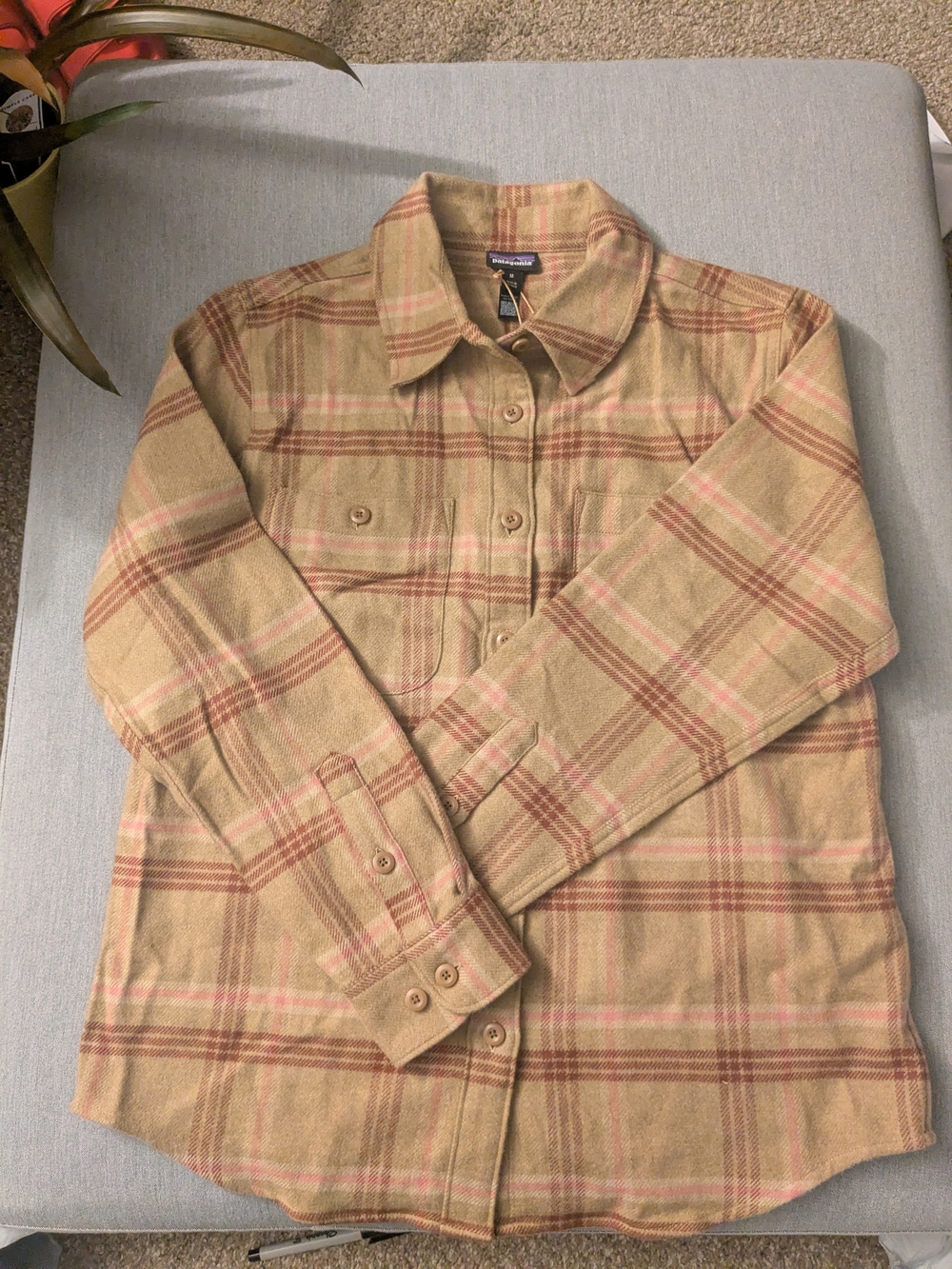 Patagonia Beige Plaid Utility Shacket with Pink Stripes, Flannel Shirt , Women